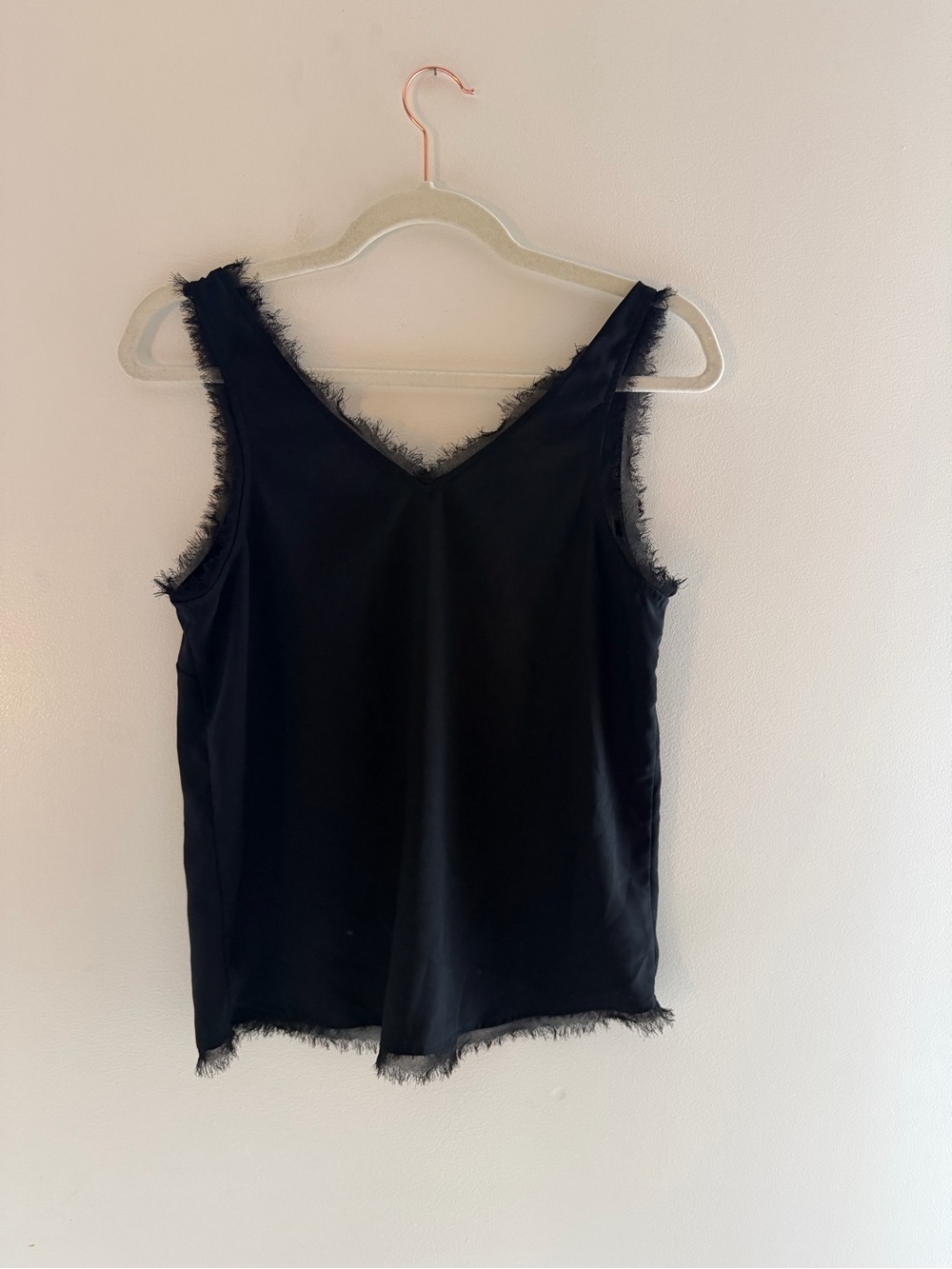 Small Chelsea Black V-Neck Fringe Trim Top